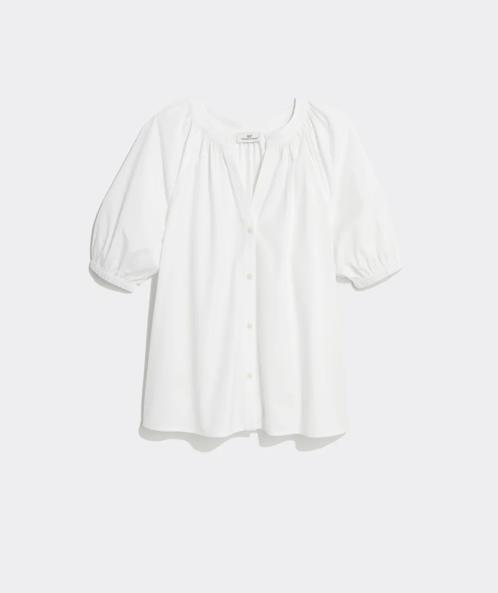 Poplin Button-Front Raglan Top