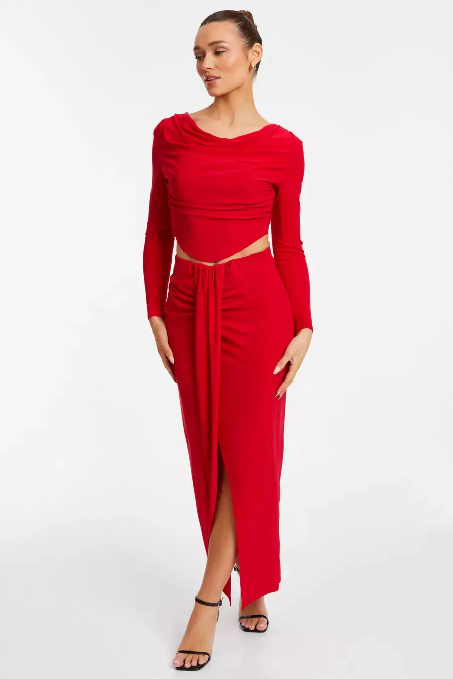 Brown Ruched Cowl Neck Top Ruched Split Maxi Skirt