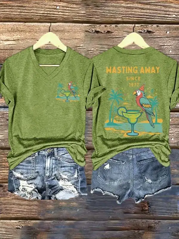 V Neck Retro Parrot Margarita Wasting Away Since 1977 Print T-Shirt