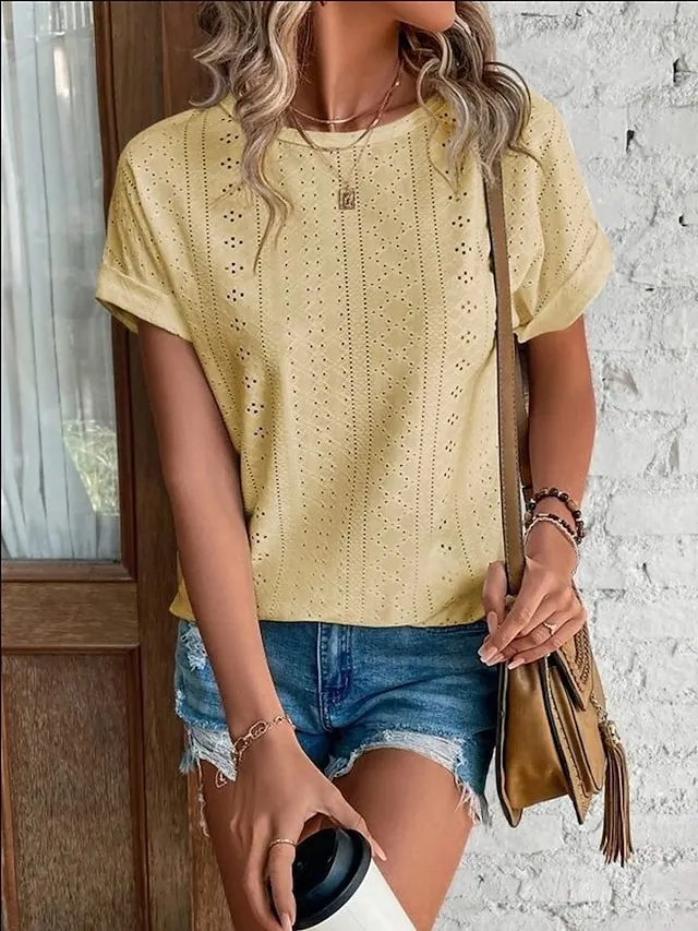 Women's T shirt Tee White Eyelet Tops Light Blue Black White Plain Cut Out Short Sleeve Daily Weekend Basic Round Neck Regular Cotton S