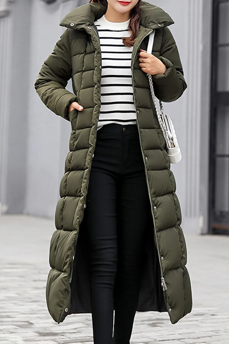 Hooded Fur Collar Belt Plain Coat