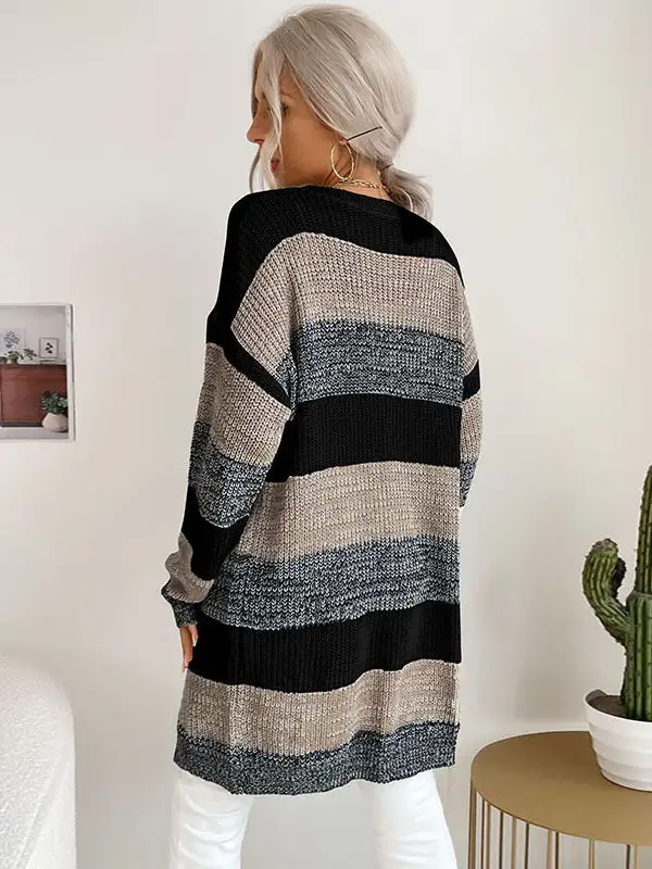 Casual Knit Cardigan Striped Colorblock Sweater Jacket