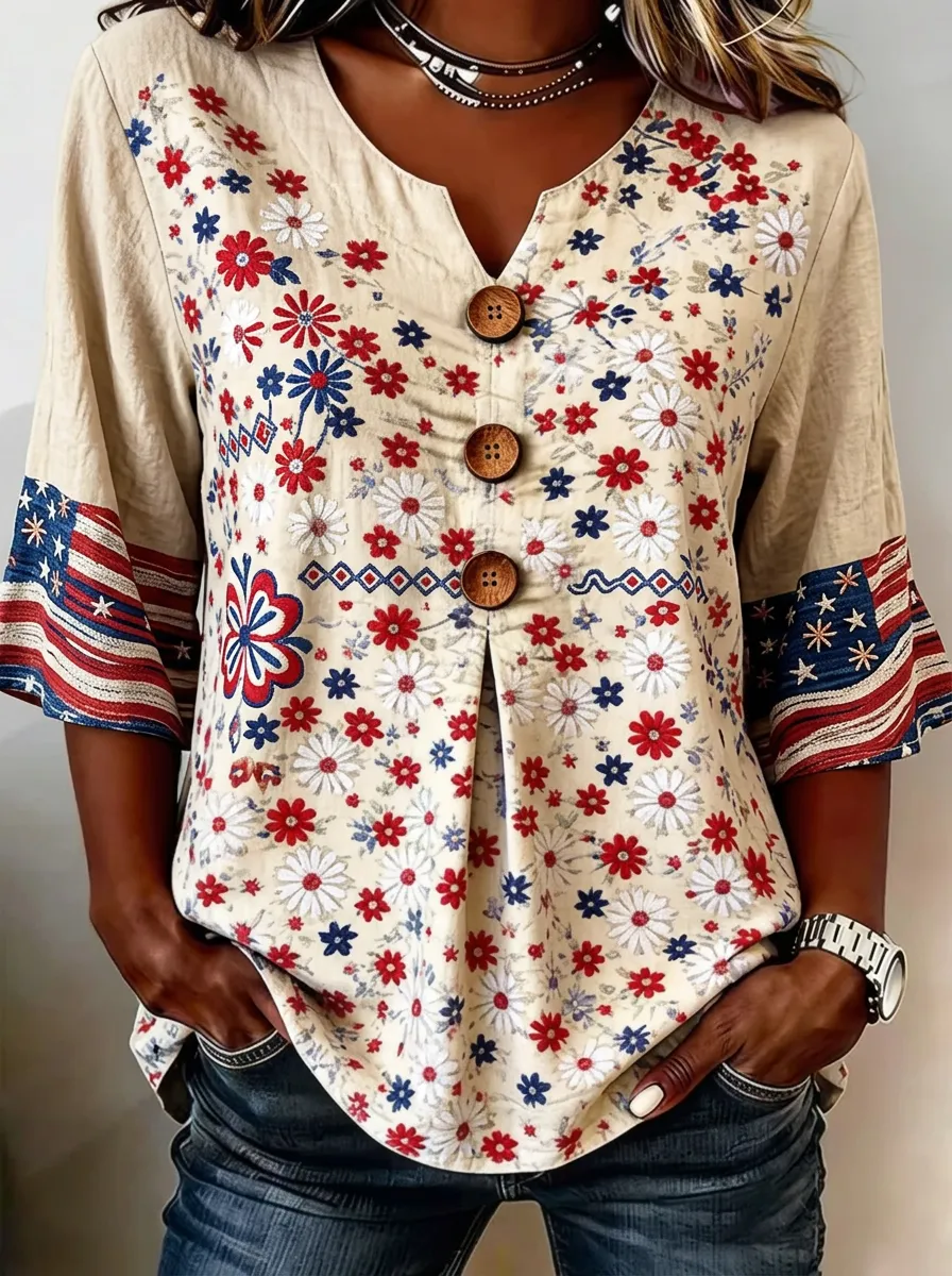 Women's Nashville Patriotic Floral American Flag Printed V-Neck Top