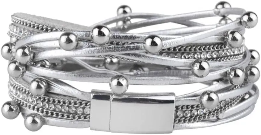 Fesciory Leather Wrap Bracelets for Women, Boho Leopard Multi-Layer Crystal Beads Cuff Bracelet Jewelry