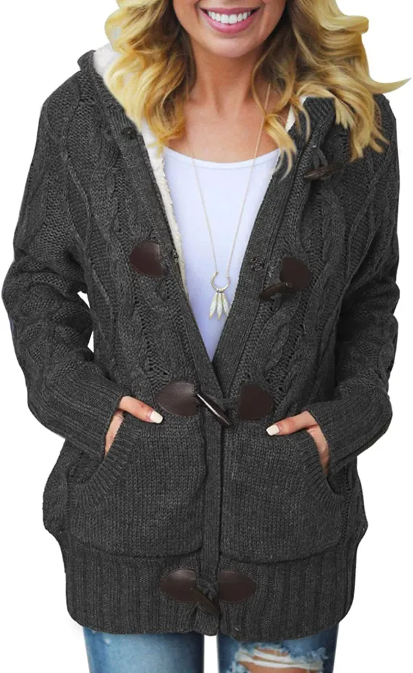 Womens Hooded Cardigans Button Up Cable Knit Sweater Coat Outerwear with Pockets