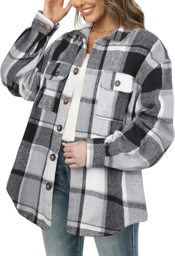 Women's Casual Plaid Flannel Shacket Jacket Oversized Button Down Long Sleeve Fall Shirts Jacket Lapel Coats Tops