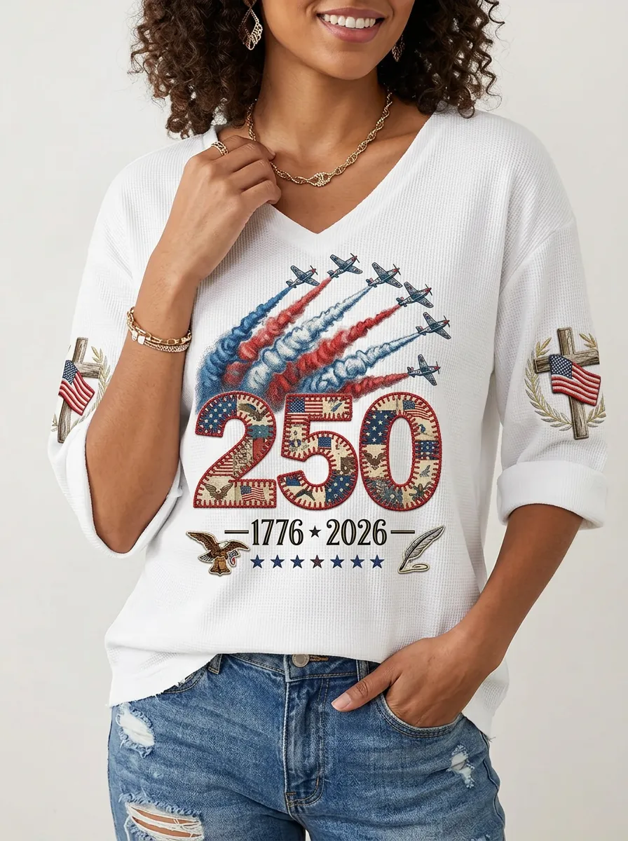 Women's USA 250th Anniversary Jet Plane Cross Printed Waffle Top