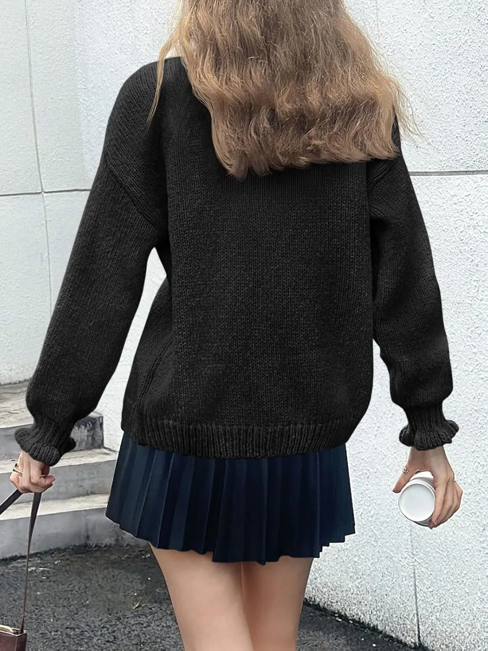 🎄Hot Sale Ruffle Cardigan Oversized Button Up Ribbed Knit Open Front Long Sleeve Loose Sweater