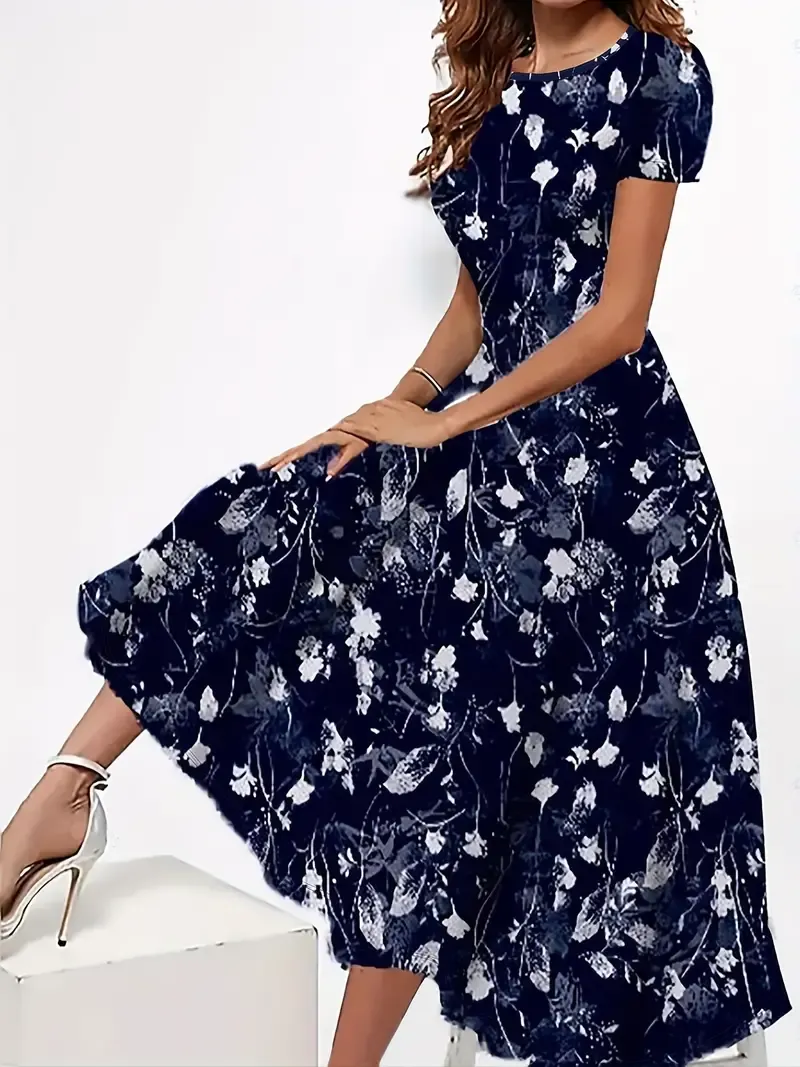 Floral Print Short Sleeve Crew Neck Dress for Women, Spring & Summer Casual Dress