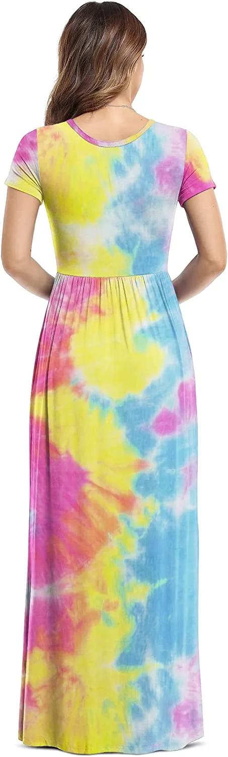 Women's Short Sleeve Loose Plain Maxi Dresses Casual Long Dresses with Pockets