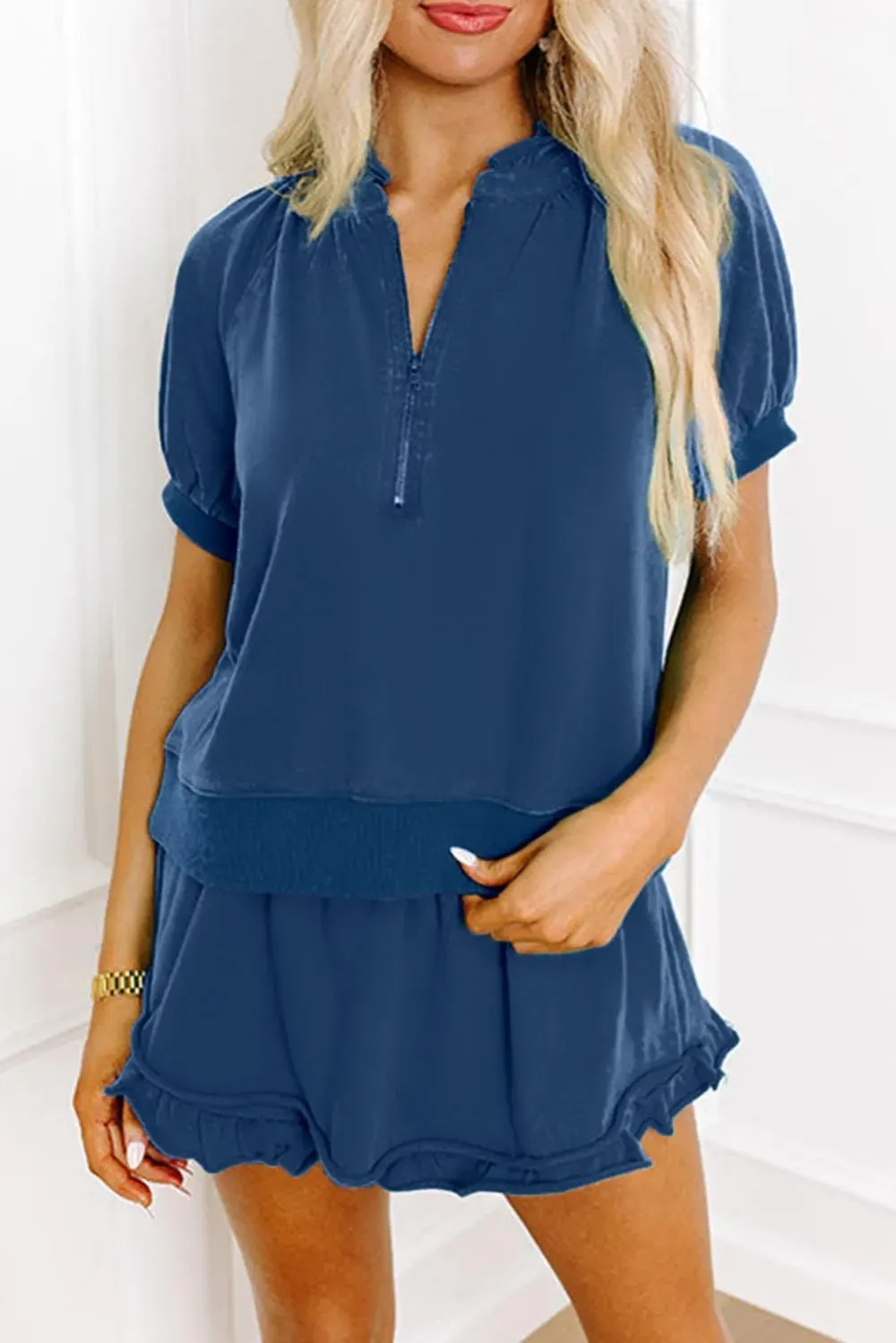Women'S Casual Half-Zip Top And Ruffle Shorts Set