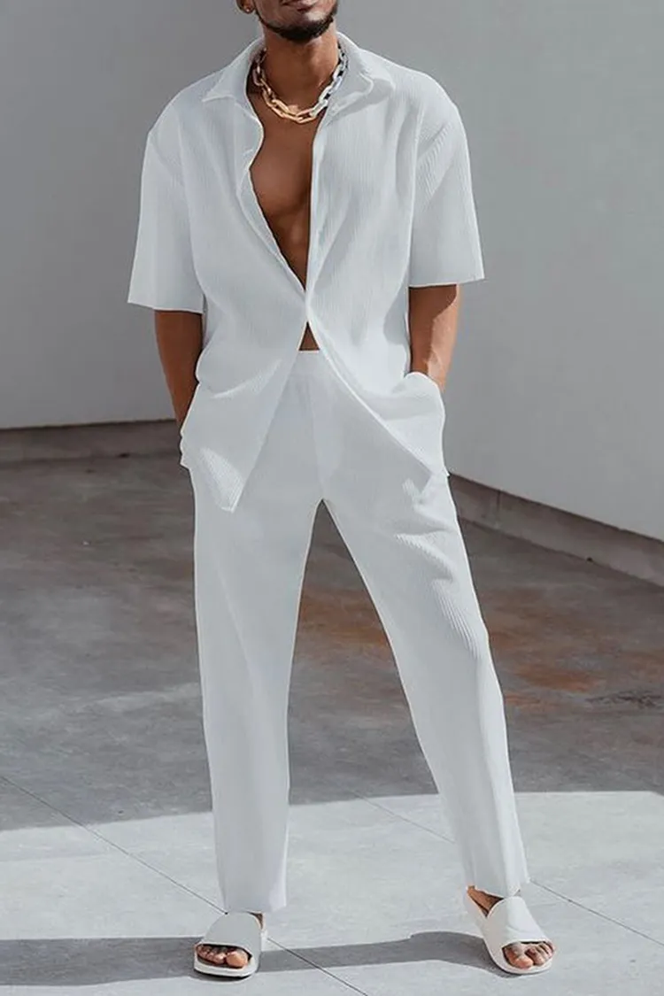 Tiboyz White Outfits Short Sleeve Shirt And Pants Two Piece Set