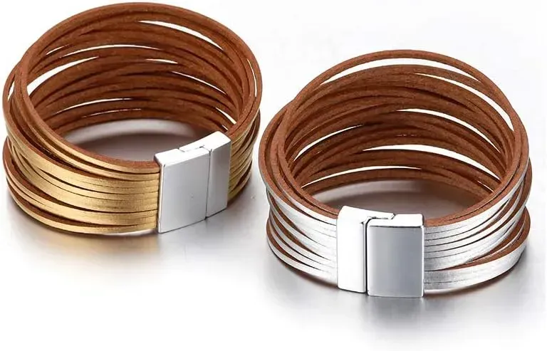 Fesciory Leather Wrap Bracelets for Women, Boho Leopard Multi-Layer Crystal Beads Cuff Bracelet Jewelry