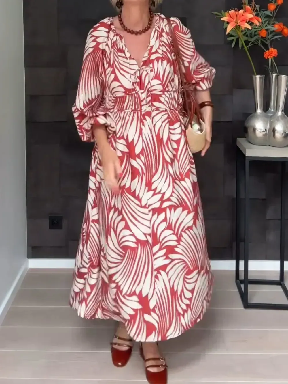 Women's Bohemian Print V Neck Drawstring Dress