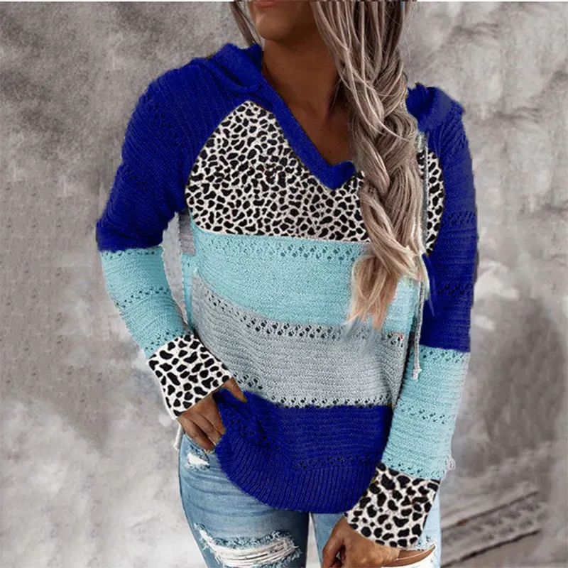 Striped & Leopard Patchwork V-Neck Hooded Sweater