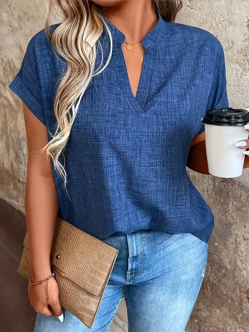 Women's Elegant Blue Notched V-Neck Blouse with Batwing Sleeves - Polyester, Machine Washable, Perfect for Spring/Summer Fashion, Casual Summer Wear|Elegant Vneck Blouse|Polyester Fabric