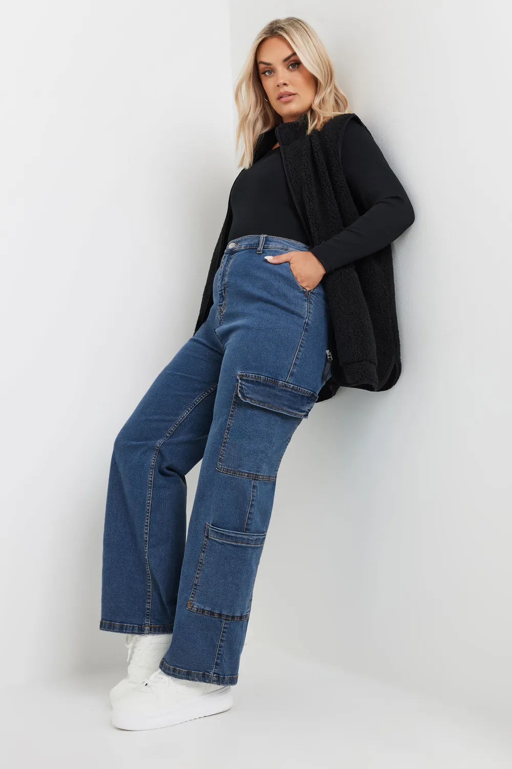 LIMITED COLLECTION Curve Blue Mid Wash Wide Leg Cargo Jeans