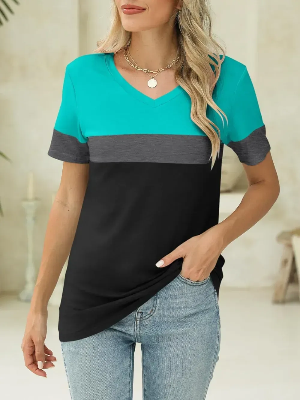 ORANDESIGNE Women's Color Block Short Sleeve T Shirts Casual V Neck Summer Tops Tees Loose Fit Blouses