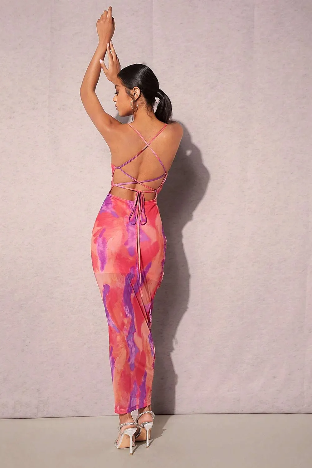 BAE Tie Dye Ruffle Trim Crisscross Backless Ruche