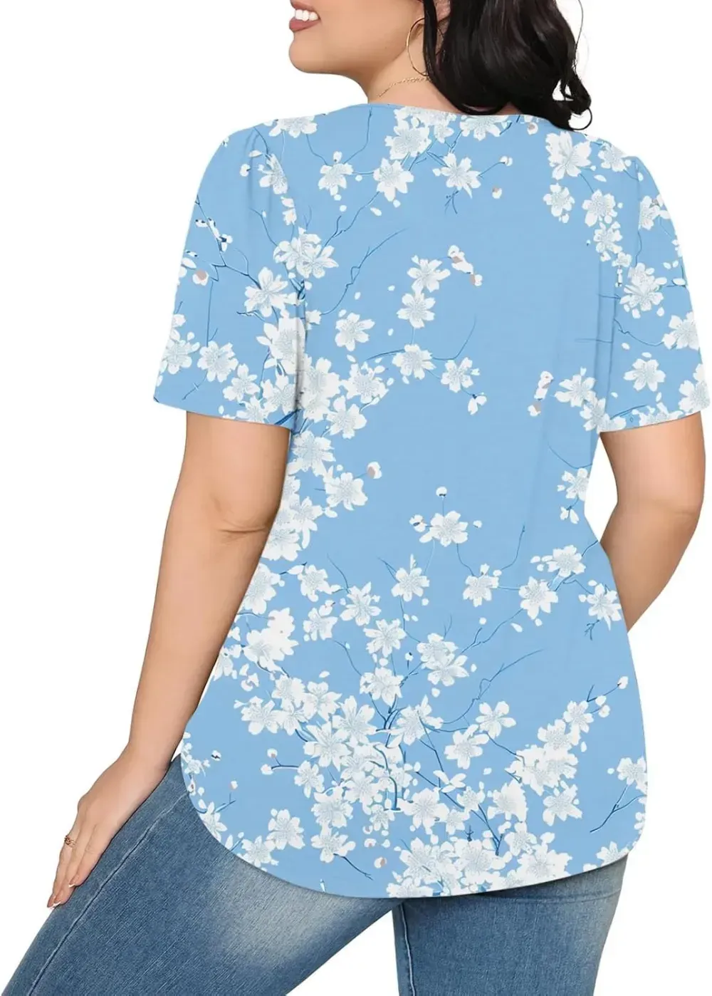 Womens Summer Pleated Front Shirts Tunics Casual Short Sleeved Loose Round Neck Boho Printed Tops Vacation Blouse