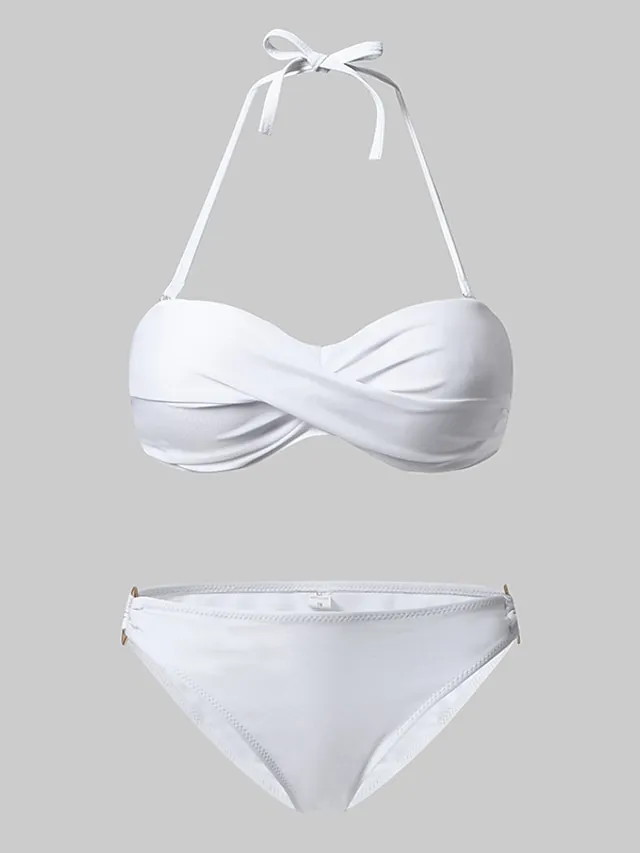 Women's Swimwear Bikini 2 Piece Normal Swimsuit Ruched 2 Piece Open Back Sexy Pure Color Black White Yellow Pink Red Padded Strapless Bathing Suits New Vacation Beach Wear