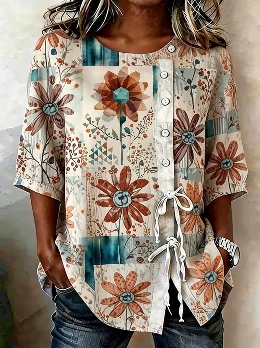 Women's Nashville Floral Geometric Printed Button-Up Top
