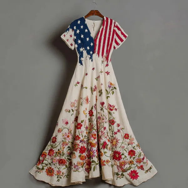 Independence Day Three-dimensional Embroidery Flower Short-sleeved A-line V-neck Long Skirt