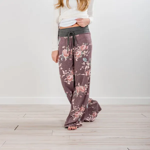 Flowers Printed Elastic-waistband Women's Casual Pants