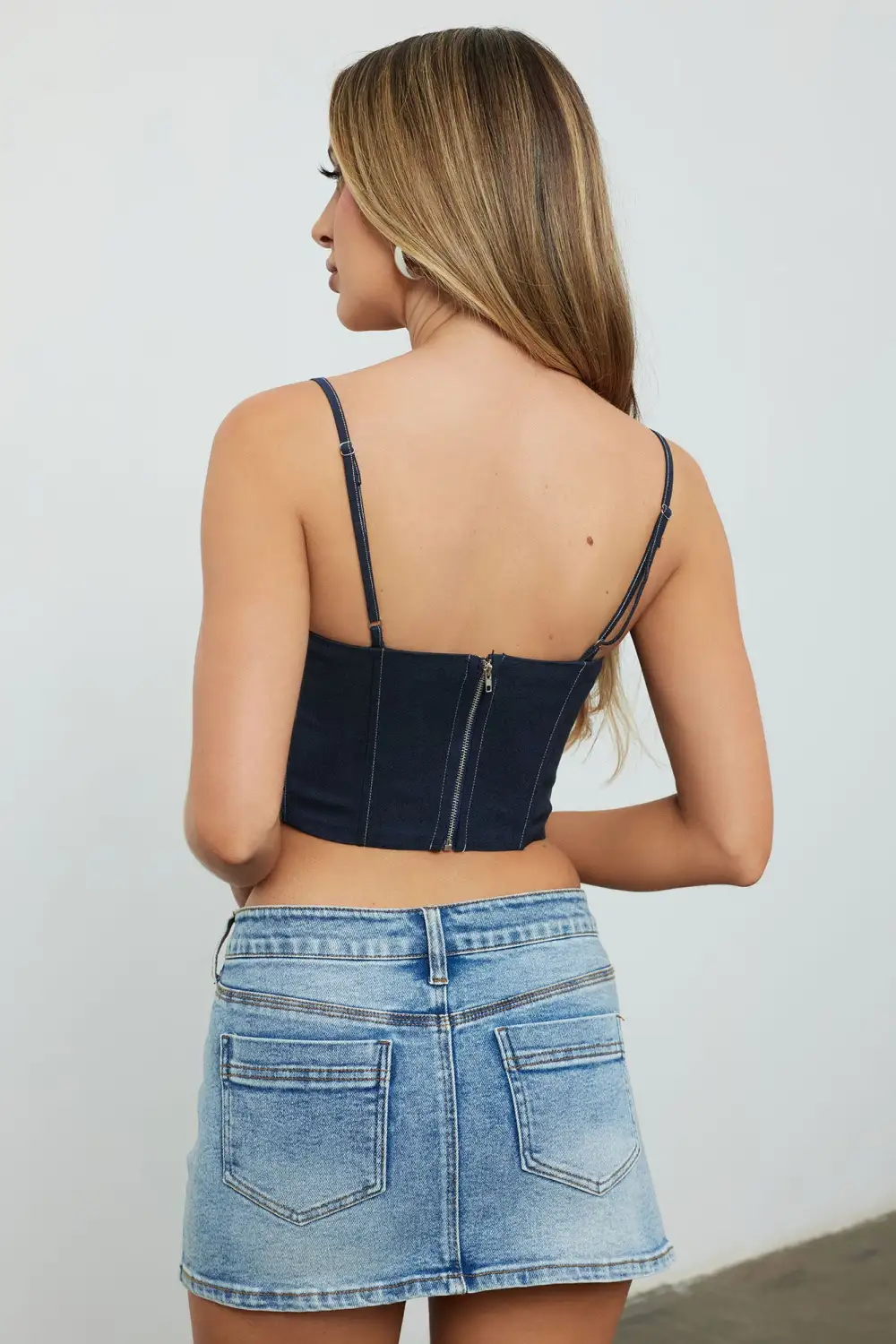 Carmen Knit Denim Corset Top - Navy