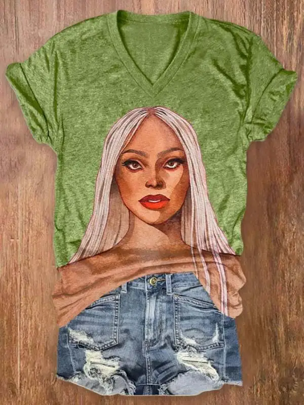 V Neck Retro Country Western Music Print T-Shirt