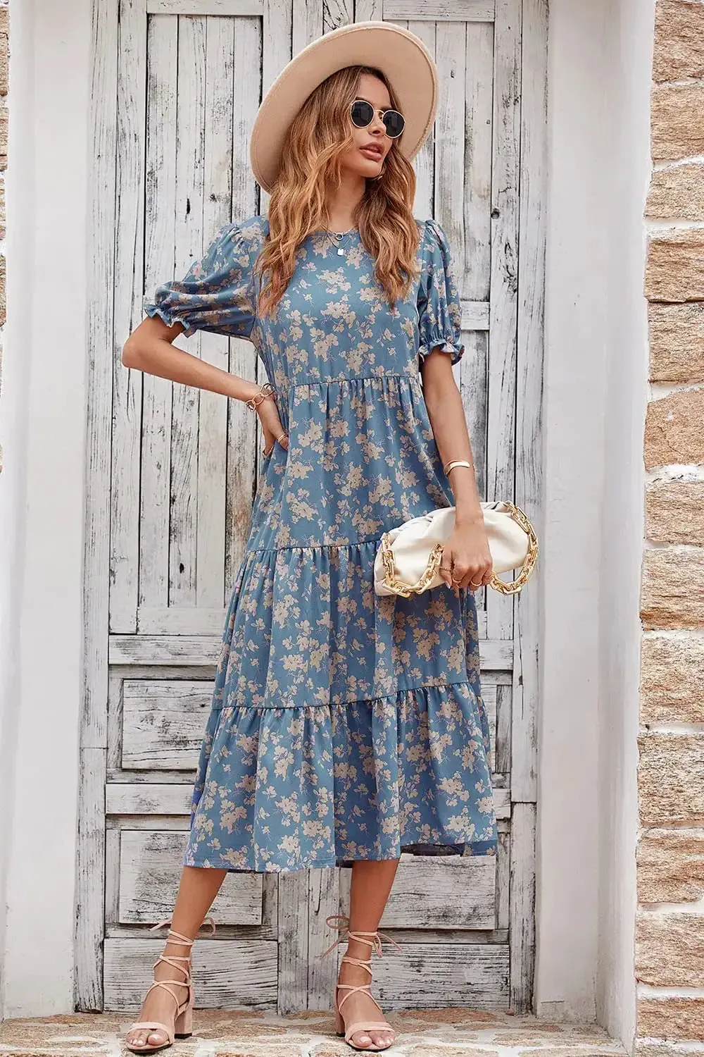 Floral Print Ruffle Puff Sleeve High Waist Midi Dresses