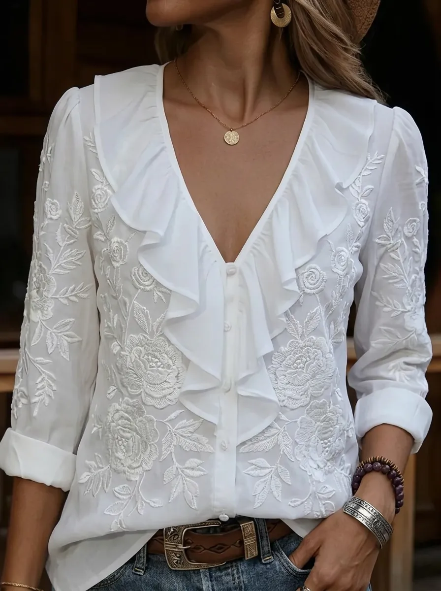 Women's Nashville Floral Embroidery Ruffle Trim Button Down Shirt