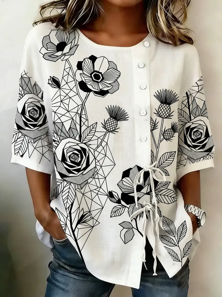 Women's Nashville Floral Geometric Printed Button-Down Top