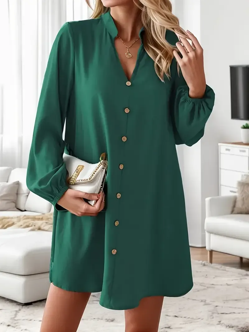 Chic Solid Color V-Neck Long Sleeve Dress