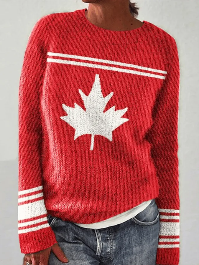 Women's Canada Maple Leaf Print Crew Neck Knit Sweater