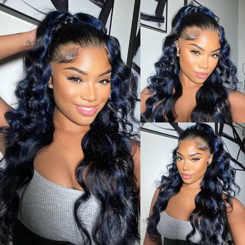 Flash Sale | Sterly Blue Highlight With Black Hair Roots 13x6 Full Lace Human Hair Wigs
