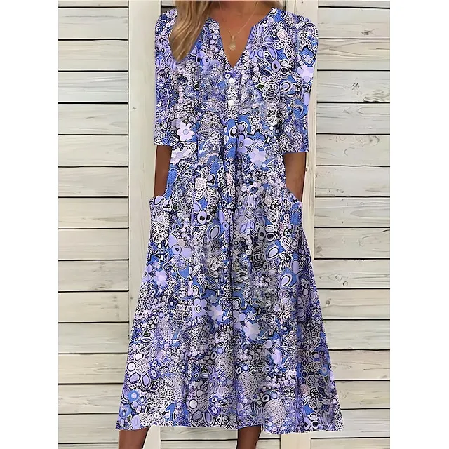 Women's Casual Dress Ethnic Dress Midi Dress Red Half Sleeve Floral Print Fall Spring Summer V Neck Casual Vacation 2023 S M L XL XXL 3XL