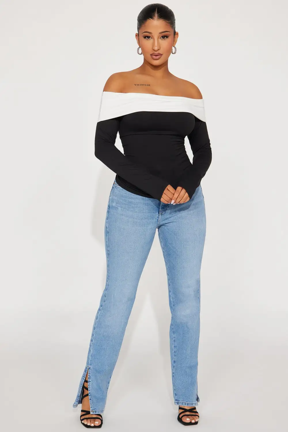 Miss Independent Off Shoulder Top - Black/White