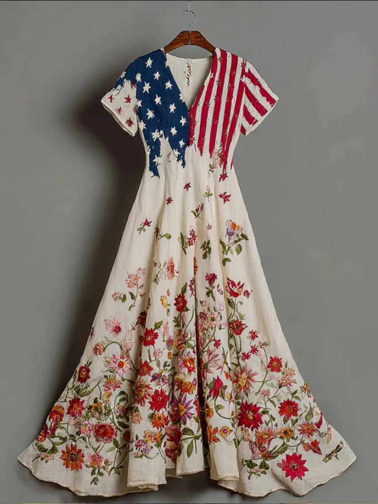 Independence Day Three-dimensional Embroidery Flower Short-sleeved A-line V-neck Long Skirt