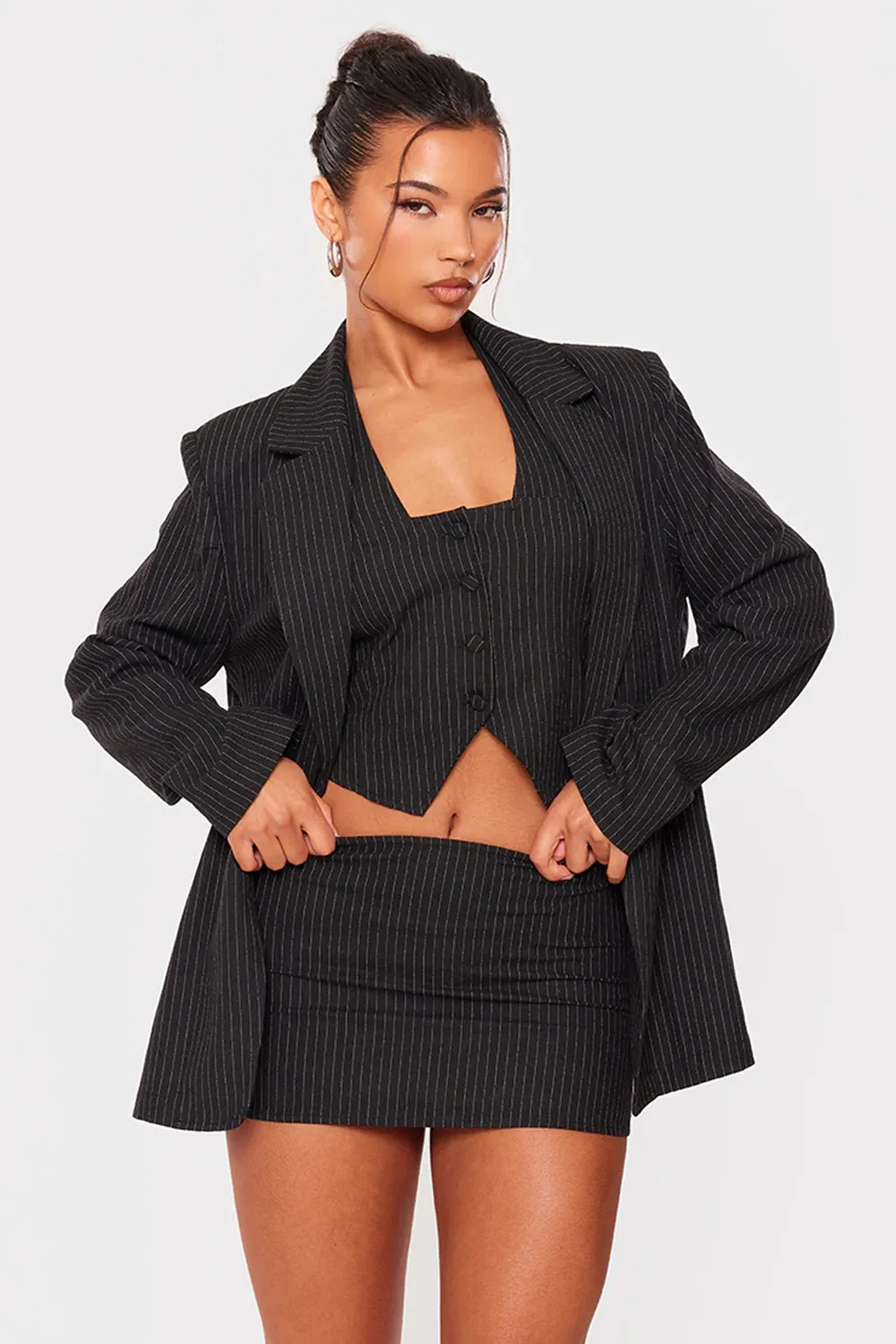 Black Woven Pinstripe Low Rise Micro Mini Skirt Set