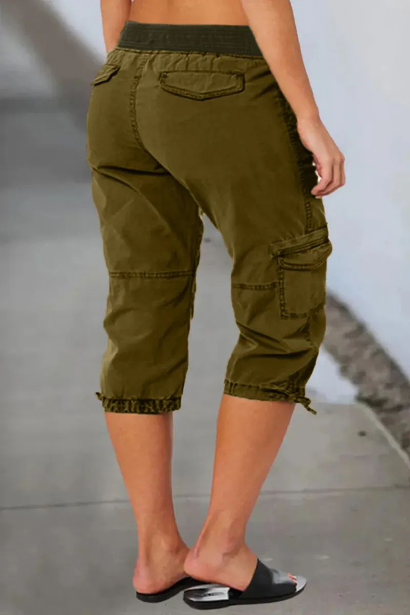Drawstring Waist Flap Pocket Design Capris Pants