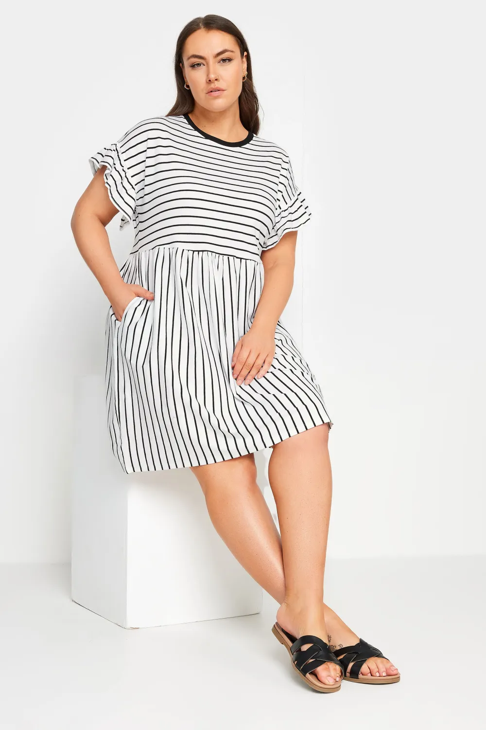 YOURS Curve Black & White Stripe Frill Sleeve Smock Tunic Dress