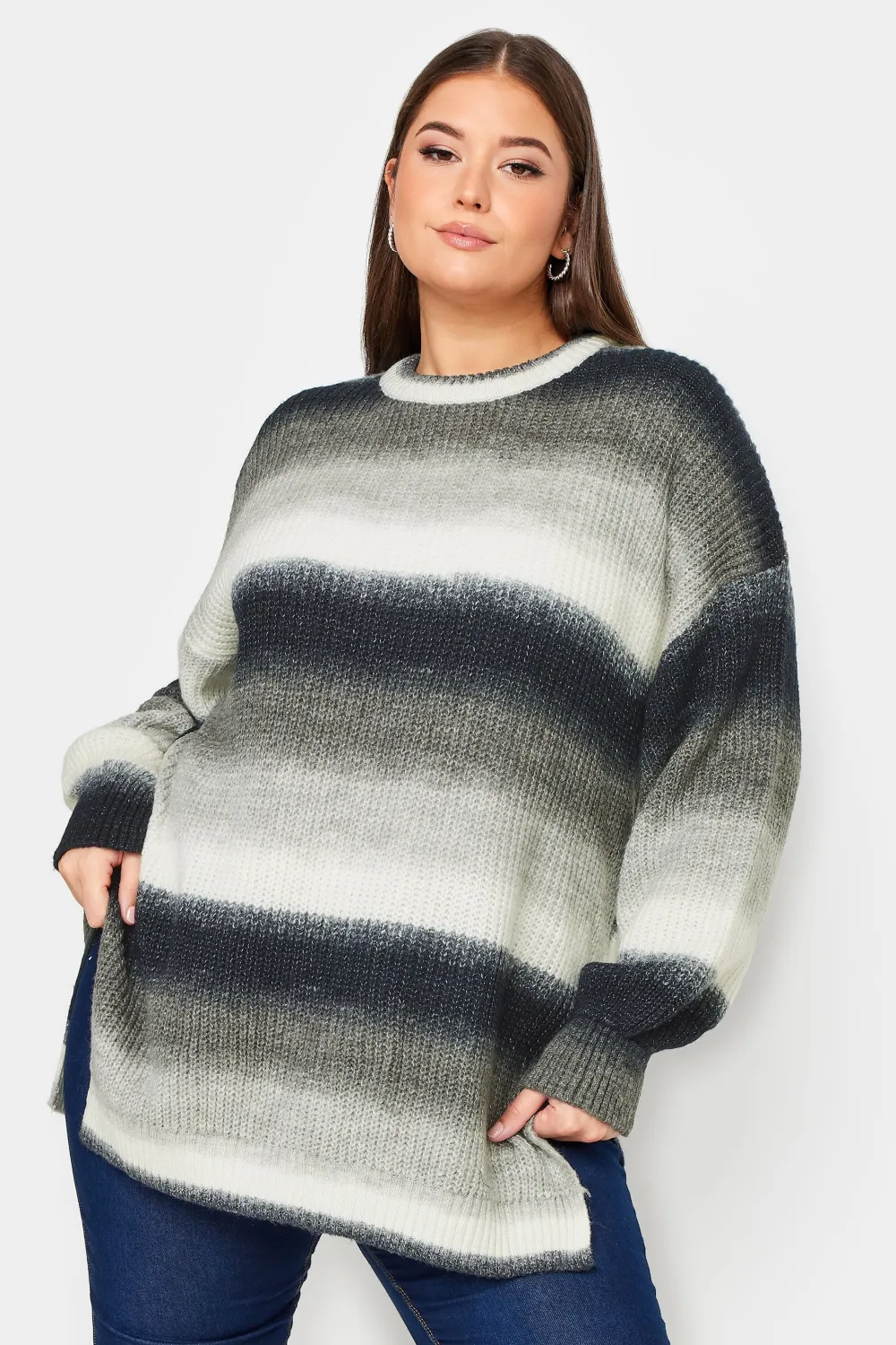 YOURS Curve Black & White Ombre Stripe Print Knitted Jumper
