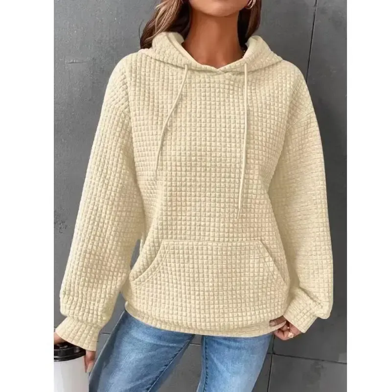 New Waffle Round Neck Long Sleeve Sweatshirt Solid Color Tops for Women