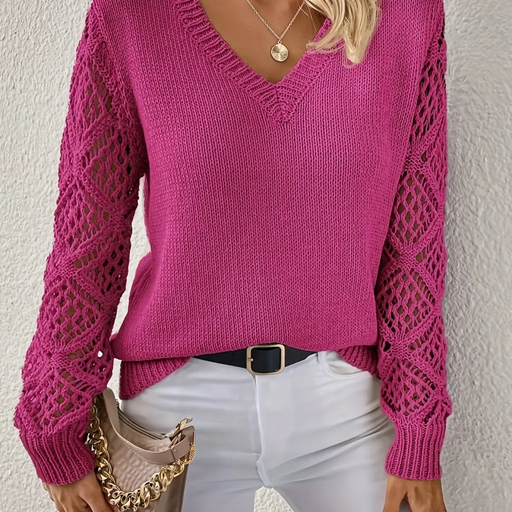 Openwork V Neck Long Sleeve Sweater