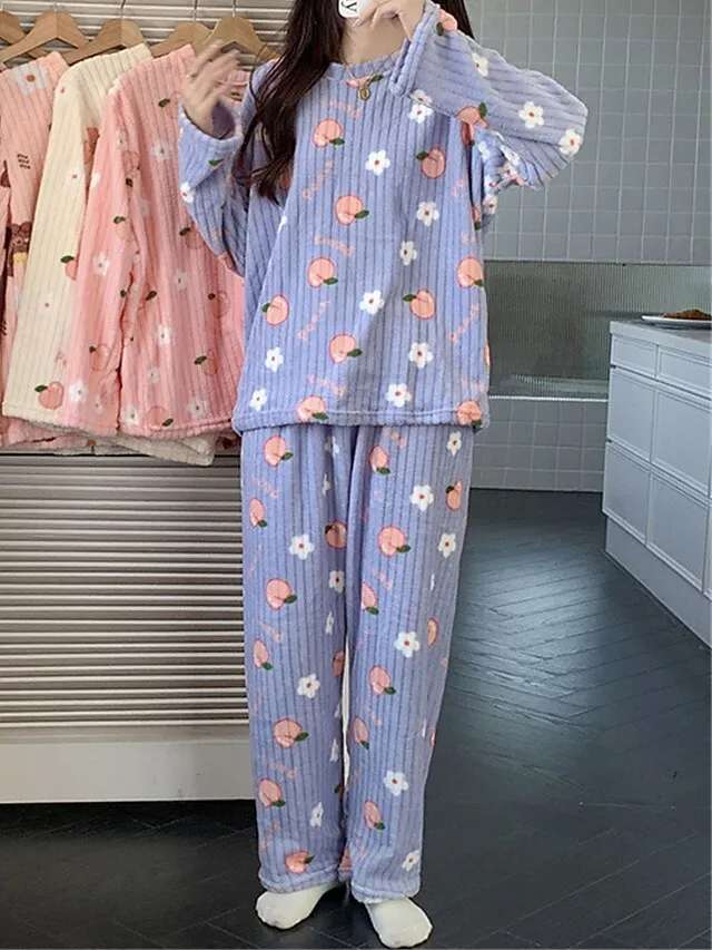Women‘s Fleece Pajamas Sets Fluffy Fuzzy Warm Pajama Fruit Bear Plush Casual Comfort Home Daily Bed Coral Fleece Coral Velvet Warm Crew Neck Long Sleeve Pant Fall Winter Black bow Peach Pink