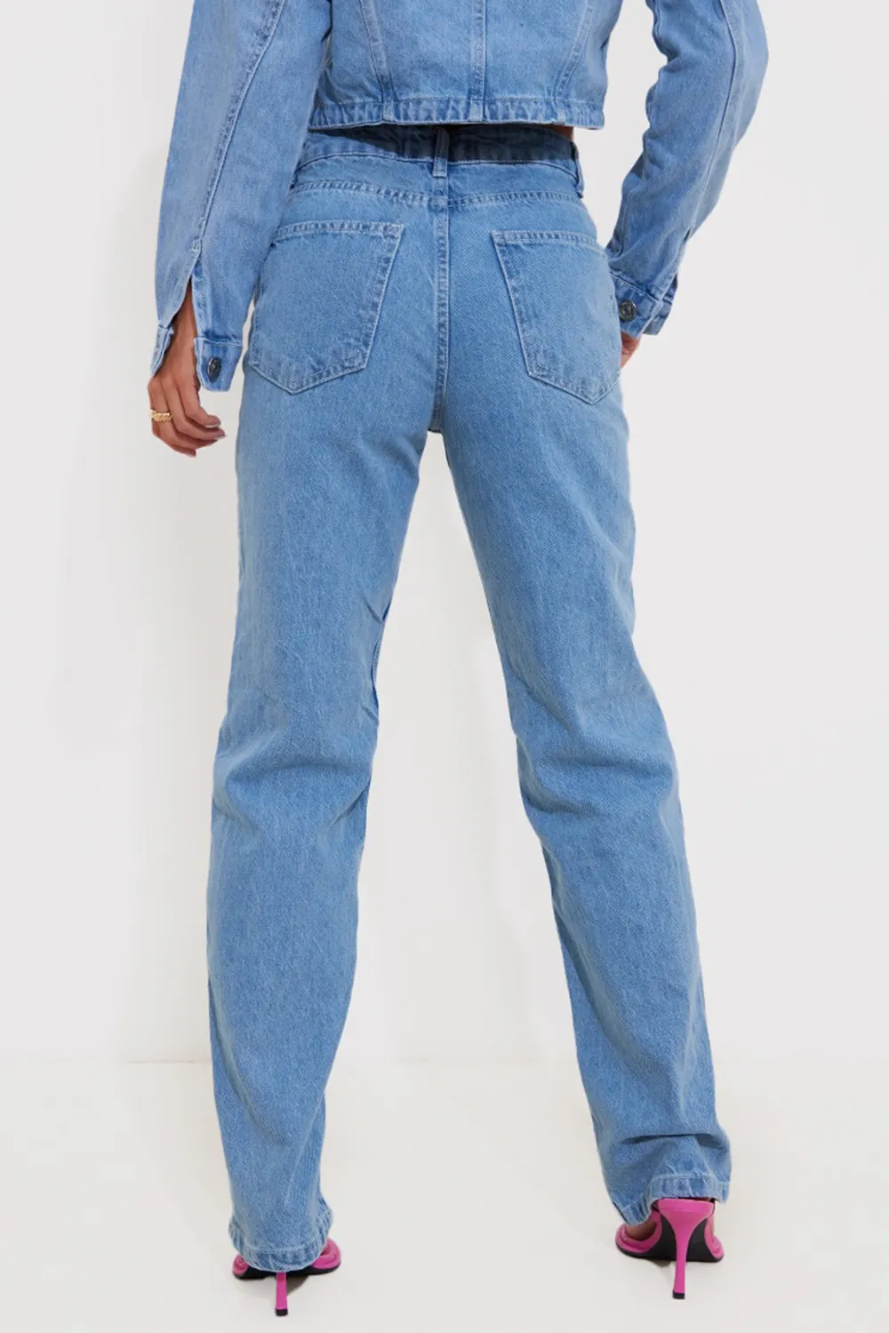 Light Blue Wash Seam Front Detail Straight Leg Denim Jeans Set