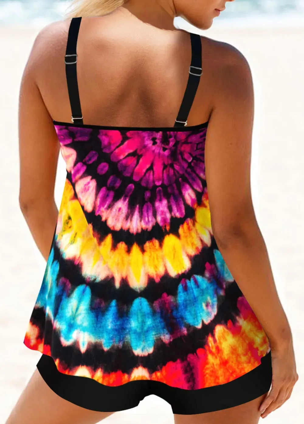 Metal Ring Leaf Print Coral Red Tankini Top