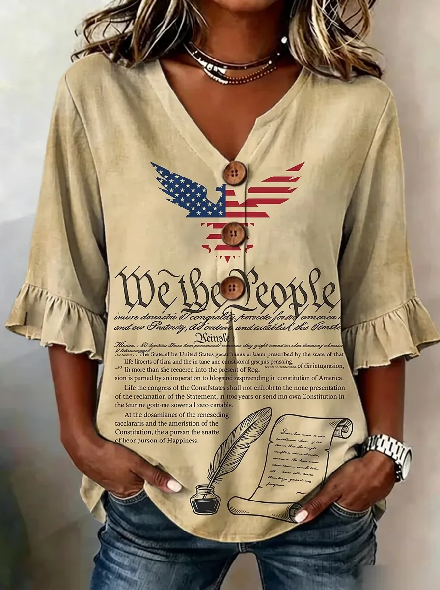 Women's Nashville Patriot We The People Eagle Printed V-Neck Top