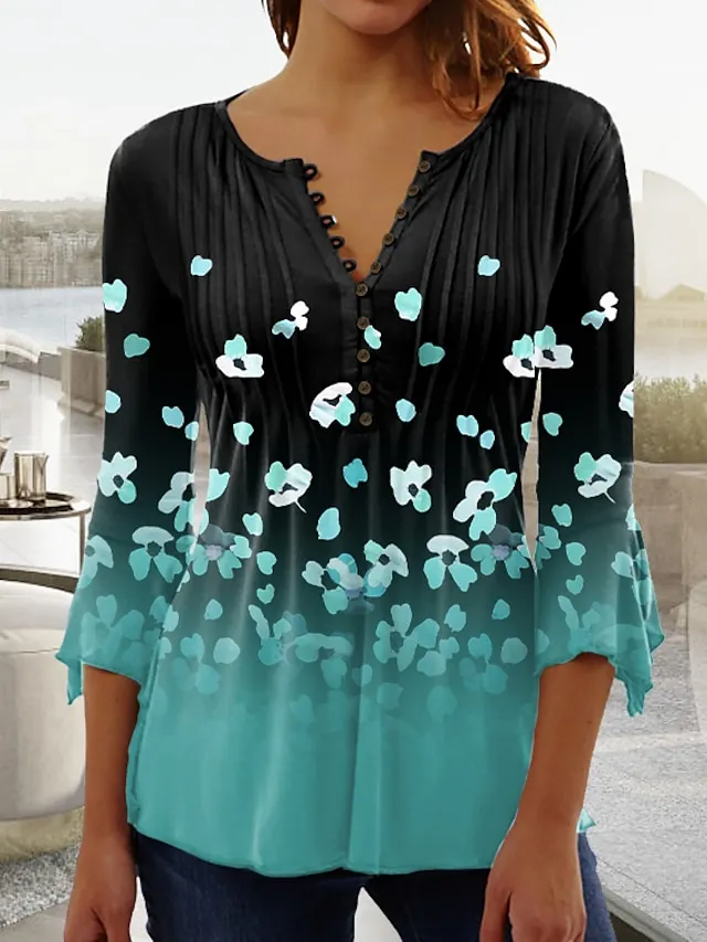 Women's Plus Size Shirt T shirt Tee Blouse Graphic Polka Dot Flower Denim Blue Grass Green Black Button Print Long Sleeve Casual Weekend Basic Round Neck Regular Fit Spring Fall